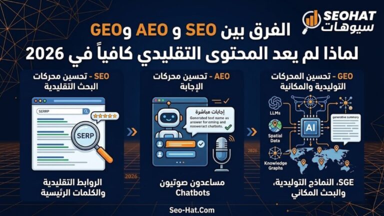 الفرق بين SEO وAEO وGEO | لماذا لم يعد المحتوى التقليدي كافياً في 2026
