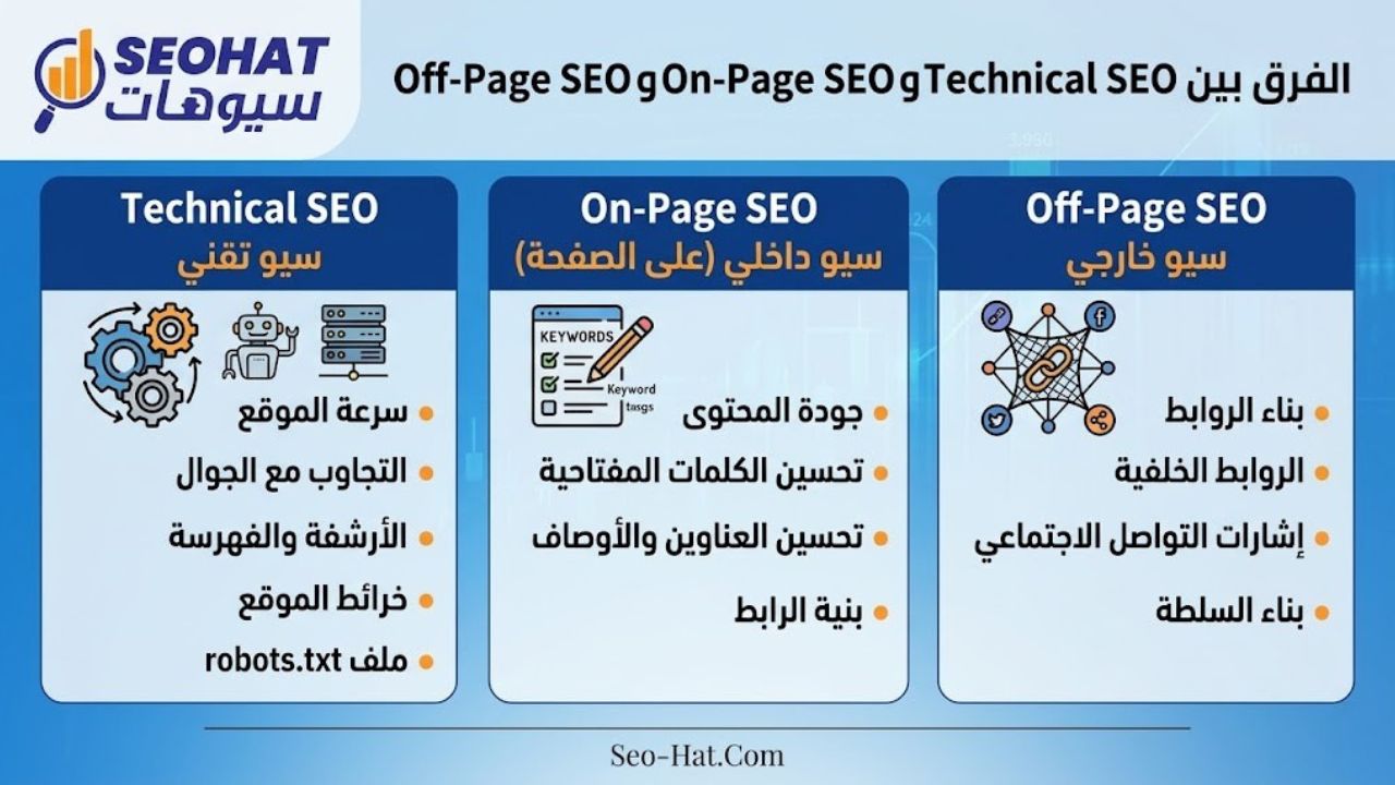 الفرق بين Technical SEO وOn-Page SEO وOff-Page SEO