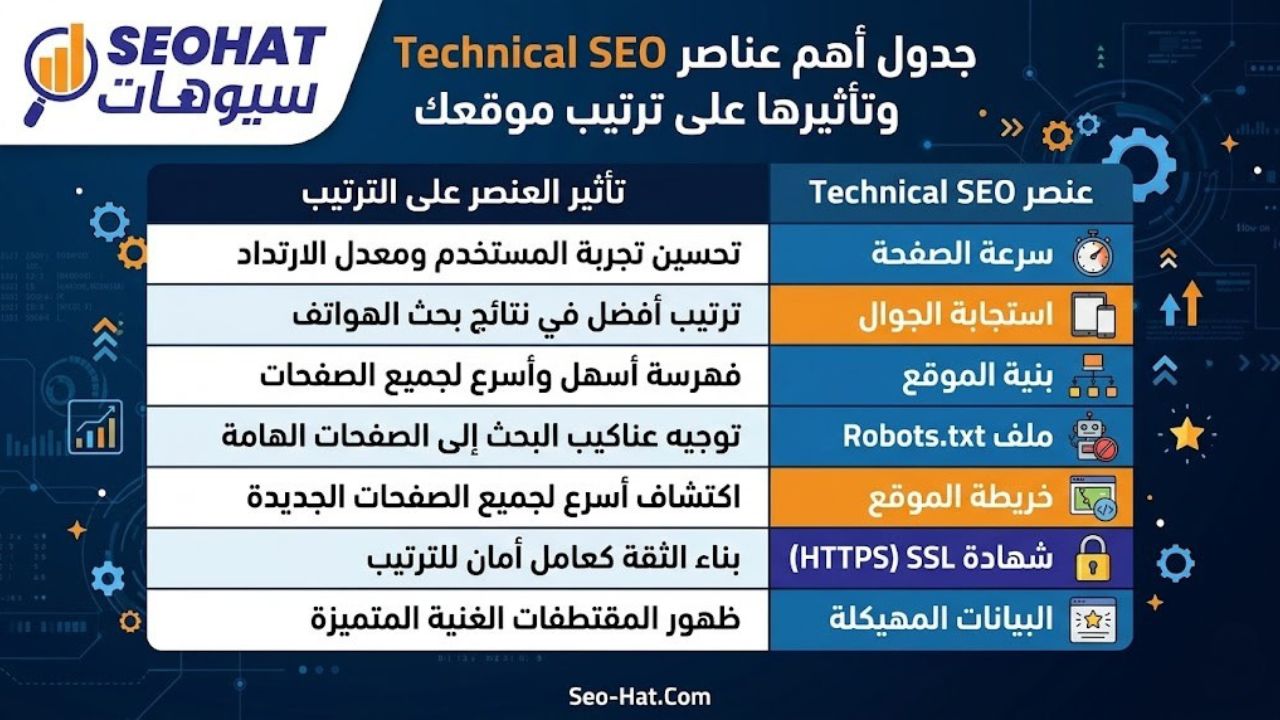 جدول يوضح أهم عناصر Technical SEO وتأثير كل عنصر